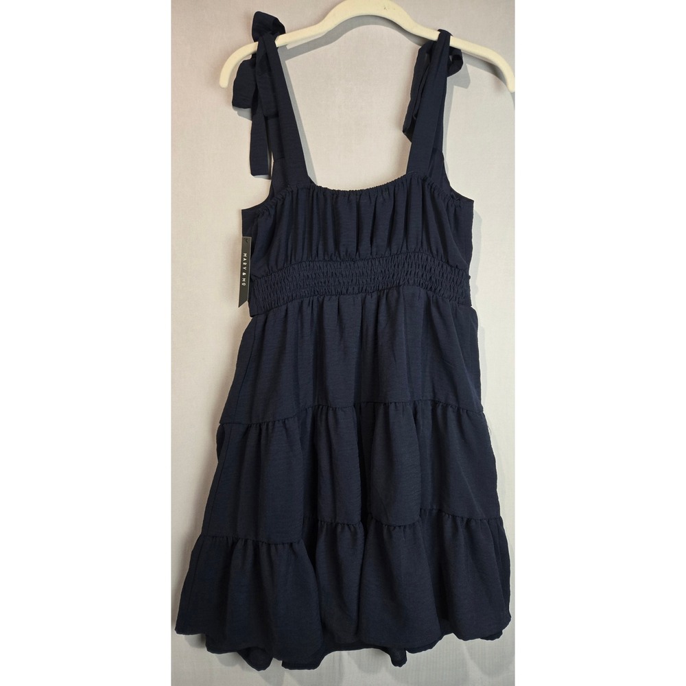Mary & Mo Womens Navy Tiered Tie Shoulder Smocked Back Mini Dress Size M NWT - Picture 2 of 4